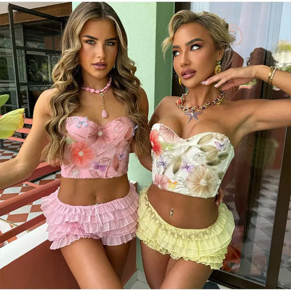 Flower Embroidery Bead Fish Bone Suspender Women Bra Sexy Exposed Waist Metal Buckle Top Party Vacation Female Tops 2025 Summer