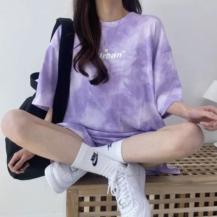 Women Summer 2024 New Fashion Cool Tie Dye Two-Piece Set Leisure And Comfortable Loose Elastic Waist Shorts Set