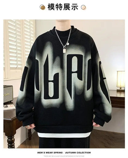 Autumn Winter Long Sleeve Print Letter Casual Hoodies Sweatshirts Thick Fake Two Pieces Fashion Tops Korean Trend Men Clothing
