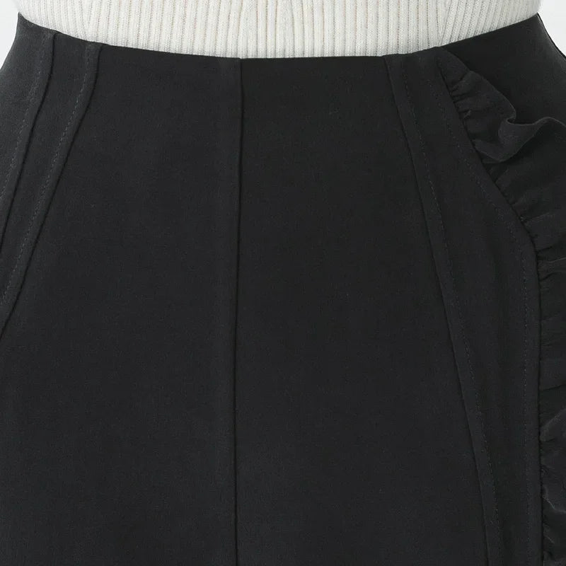 VOA Black 45 Momme Heavyweight Silk Natural Waist Trousers Asymmetrical Ruffle Office Ladies Straight Suit Wide Leg Pants KE797 Badiee Stylez