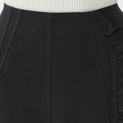 VOA Black 45 Momme Heavyweight Silk Natural Waist Trousers Asymmetrical Ruffle Office Ladies Straight Suit Wide Leg Pants KE797 Badiee Stylez