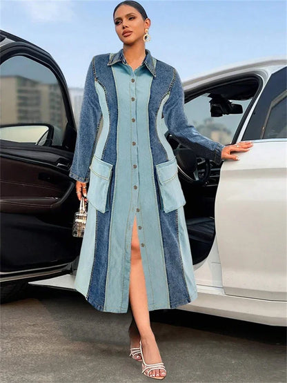 Wmstar Plus Size Denim Dresses Women Long Sleeve Casual Button Pockets Striped Maxi Dress Fall Clothes Wholesale Dropshipping SKY BLUE