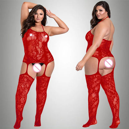 2024 New Plus Size Bodystocking Bodysuits For Women Sexy Fishnet Lingerie Babydoll Dress Porno Underwear Mesh Stockings For Sex Red Bodystocking One Size