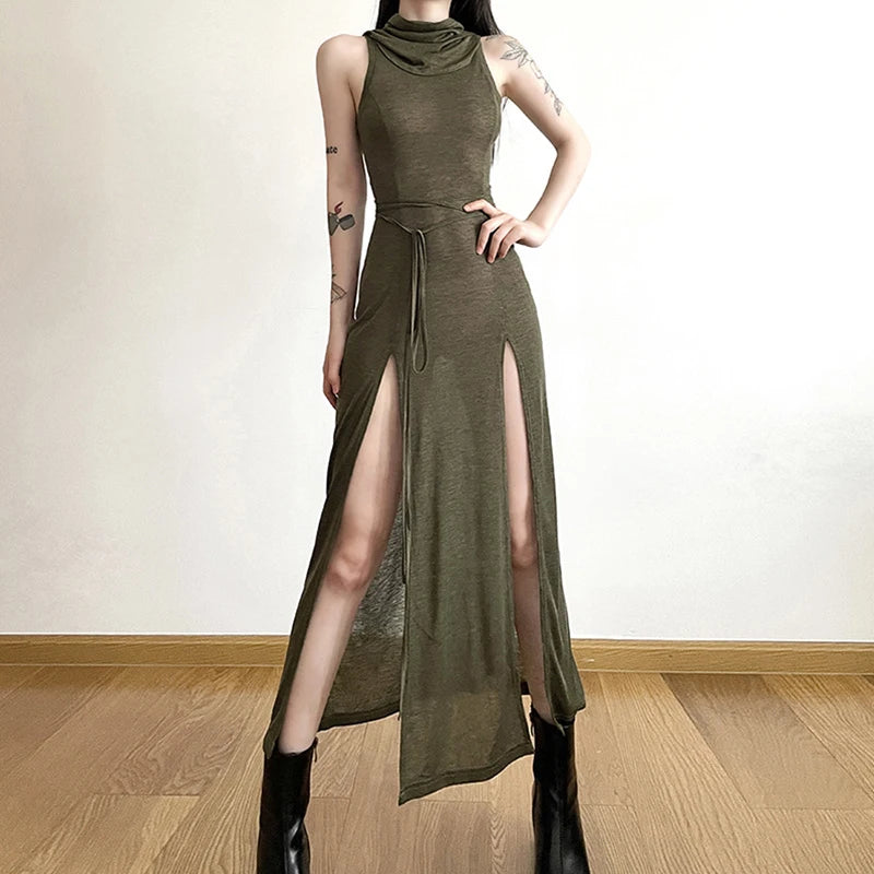 Xingqing Grunge Dress y2k Women Clothes Solid Color Sleeveless Hollow Out Back Slit Hooded Dress 2000s Halloween Party Dresses
