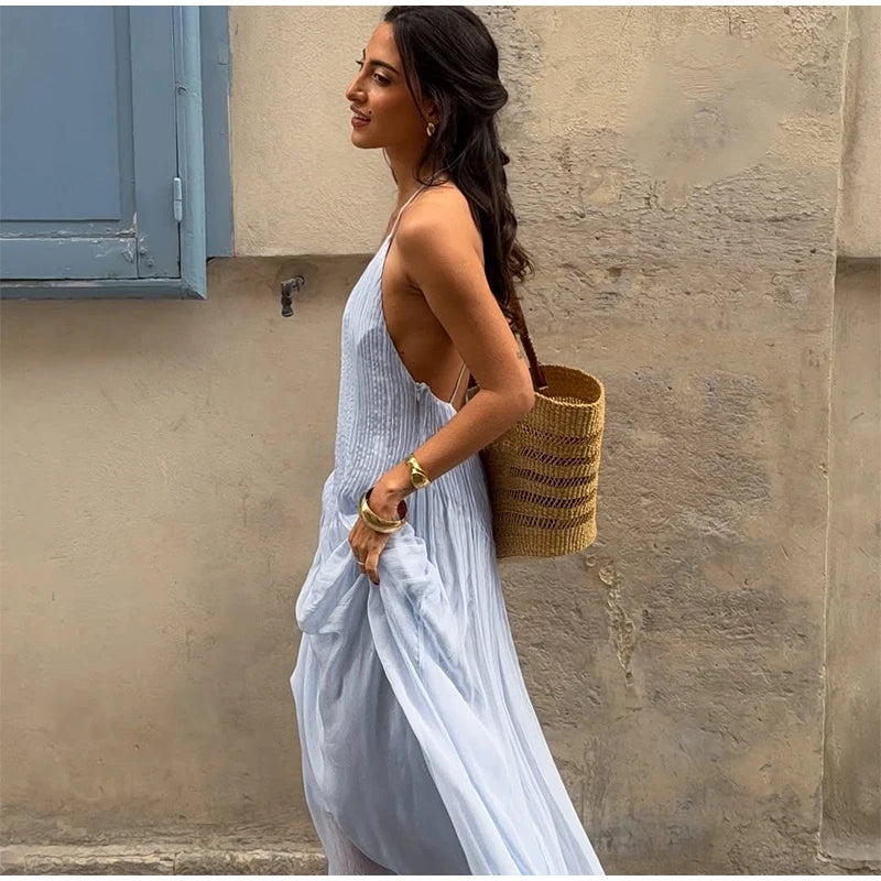 Fashion Solid Pleated Jumpsuit Women Chic Sleeveless U Neck Backless Loose Vacation Pants Set 2025 Summer Holiday Street Outfit