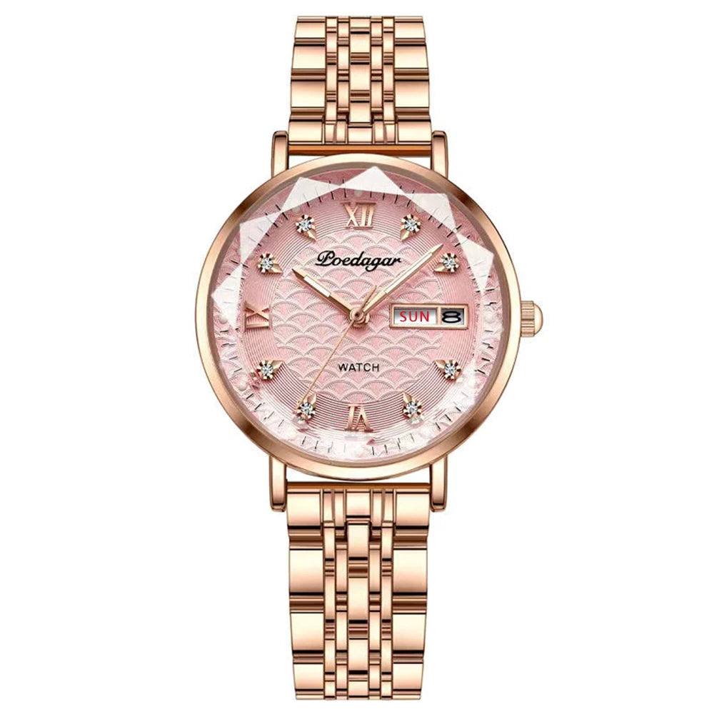 POEDAGAR Original Luxury Women Watch Week Date Waterproof Luminous Stainless Steel Woman Watches Simple Trendy Ladies Wristwatch Rose Gold Pink S