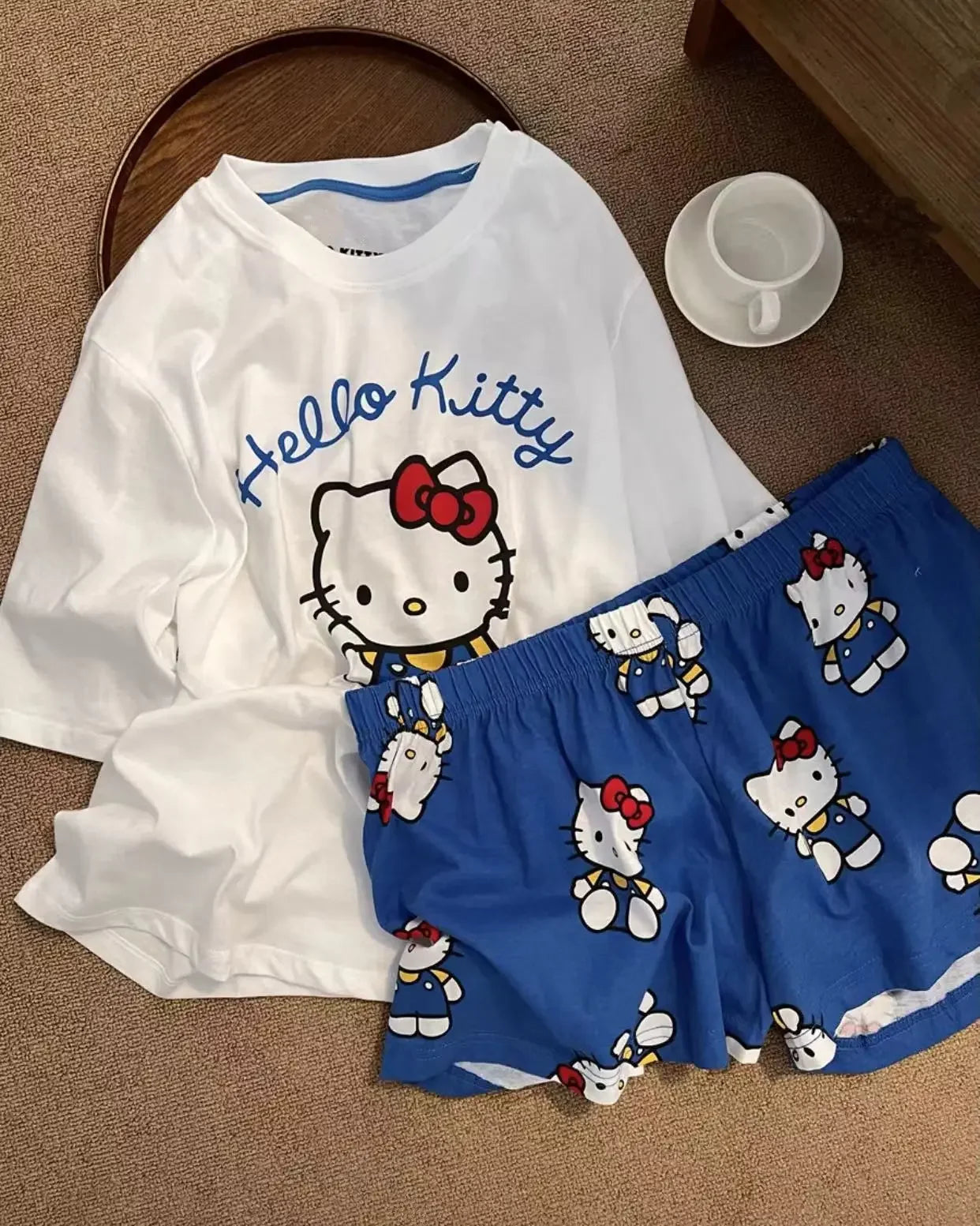 Hello Kitty Summer White & Blue Pajama Set Women's Short Sleeve Shorts with Lace Accents Soft Breathable Loungewear Home Comfort