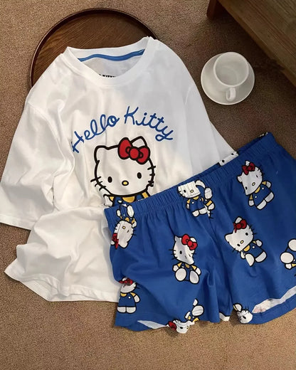 Hello Kitty Summer White & Blue Pajama Set Women's Short Sleeve Shorts with Lace Accents Soft Breathable Loungewear Home Comfort