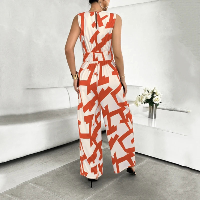 Summer Fashion Vacation Style Jumpsuits for Women Casual V Neck Sleeveless Color Blocking Lace Up High Waist Wide Leg Jumpsuit Badiee Stylez