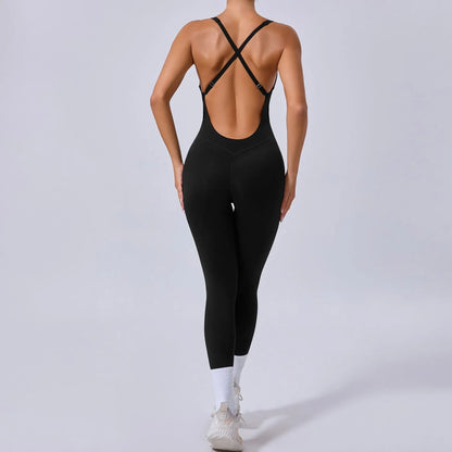 Rompers Yoga Sets Solid Black Hollow Out Bandage Backless Cross Jumpsuit for Women Fitness One-piece Gym Clothing Tracksuit
