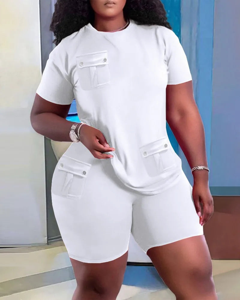 Women Two Piece Shorts Sets Solid Round Neck T Shirts Pockets Elastic Waist Short Trousers Suits Leisure Ladies 2025 Summer