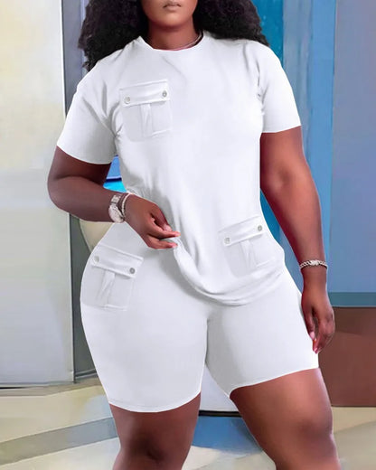 Women Two Piece Shorts Sets Solid Round Neck T Shirts Pockets Elastic Waist Short Trousers Suits Leisure Ladies 2025 Summer