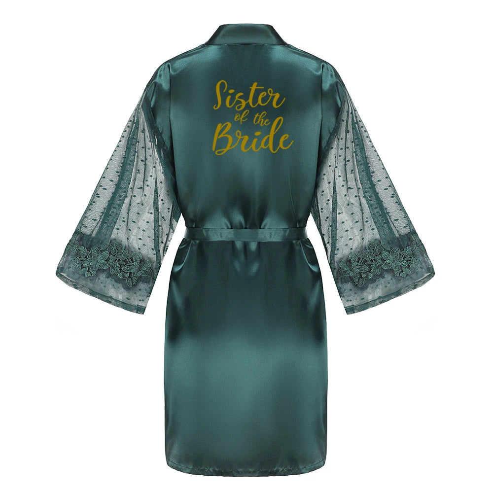 Green Bridesmaid Wedding Party Team Bride Robe With Gold Letters Lace Mesh Sleeve Kimono Satin Pajamas Mother Bathrobe As the photo show 5