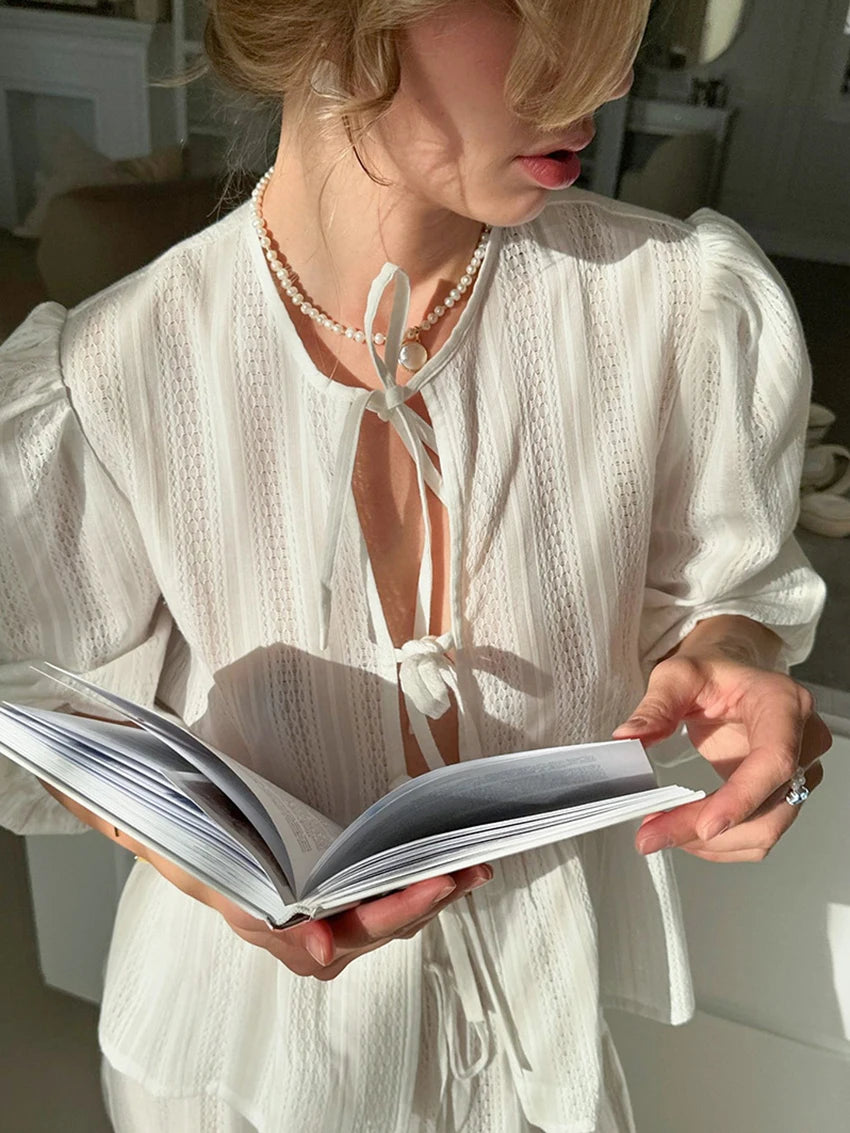 Marthaqiqi Winter Women Pajamas Suit Lace Up Sleepwear Long Sleeve Nightgowns O-Neck Nightwear Pants Casual Ladies Home Clothes