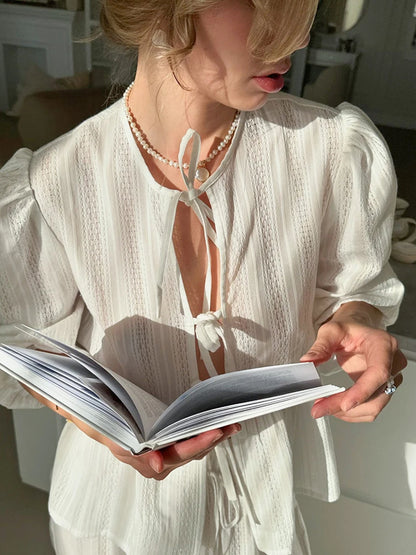 Marthaqiqi Winter Women Pajamas Suit Lace Up Sleepwear Long Sleeve Nightgowns O-Neck Nightwear Pants Casual Ladies Home Clothes