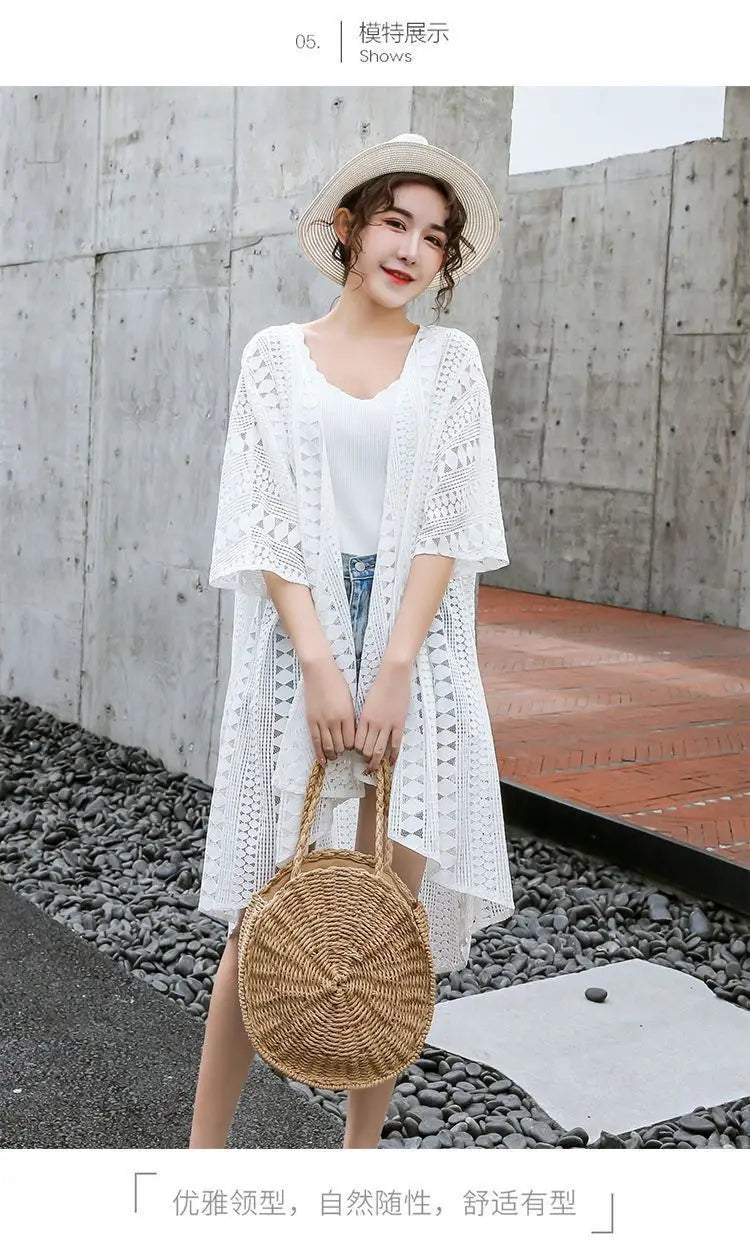 Women's Lace Cardigan Plaid Hollowed Out Long Shawl Summer