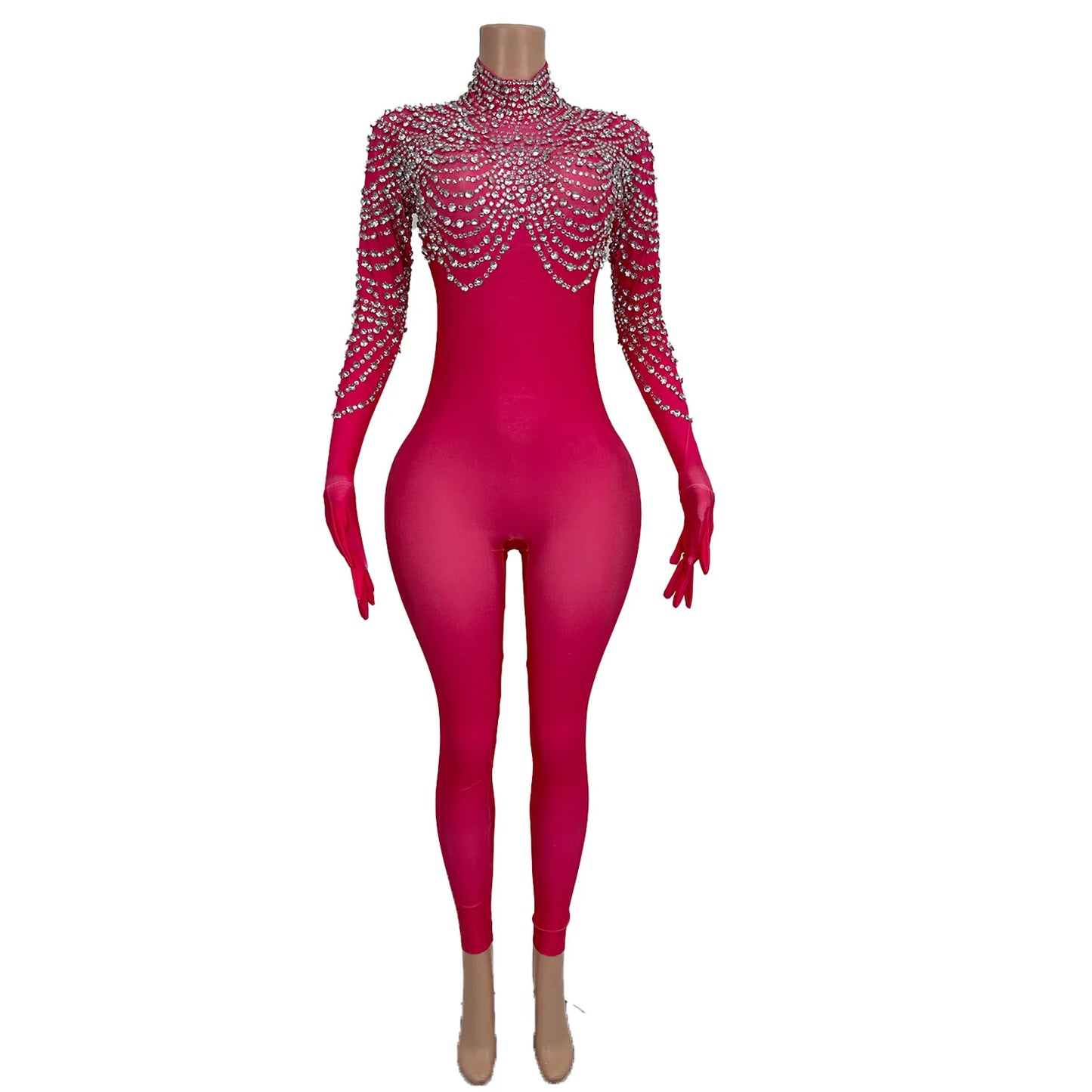 High Elasticity Large Sized Women Jumpsuit Shiny Red Shawl Rhinestone Tight Pants with Glove Acrobatic Pole Dance Costume pijian Badiee Stylez