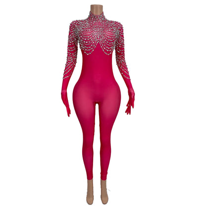 High Elasticity Large Sized Women Jumpsuit Shiny Red Shawl Rhinestone Tight Pants with Glove Acrobatic Pole Dance Costume pijian Badiee Stylez