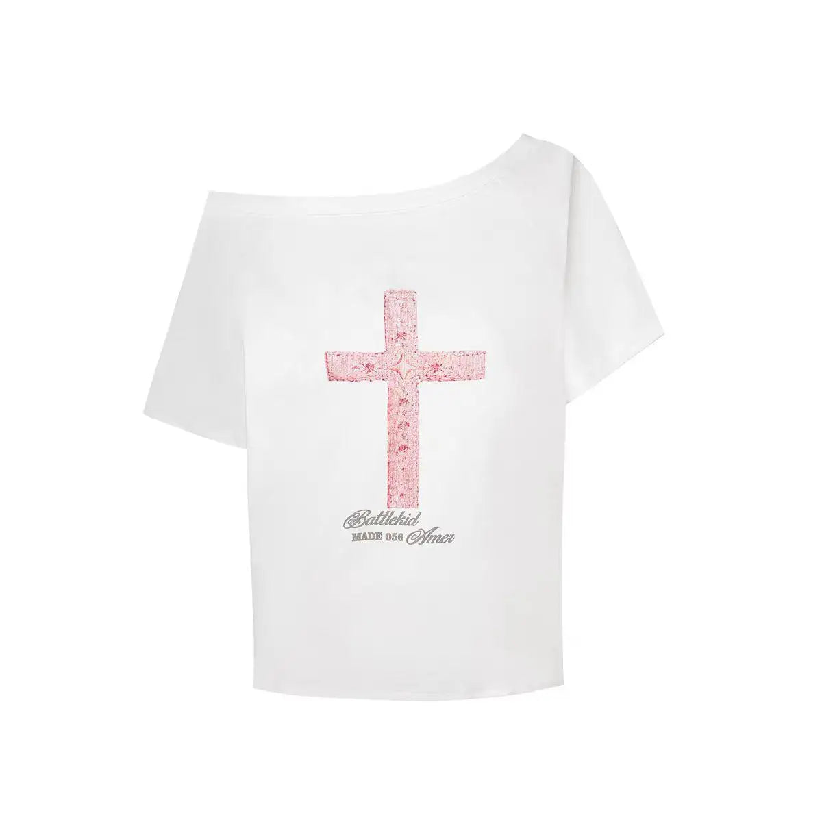 Tawaaiw Gothic Print Cross T Shirt Women Off Shoulder Short Sleeve Graphic Tee Female Clothing Korean Fashion 2000s Clothes Y2k WHITE