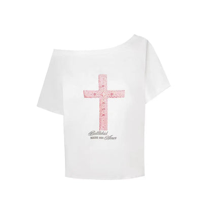 Tawaaiw Gothic Print Cross T Shirt Women Off Shoulder Short Sleeve Graphic Tee Female Clothing Korean Fashion 2000s Clothes Y2k WHITE