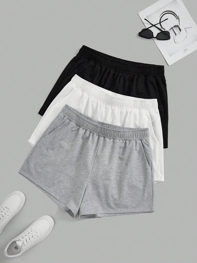 Plus Size Women's Elastic Waist Biker Shorts 3 Piece Running Workout Yoga Shorts Best for Summer Polyester Grey