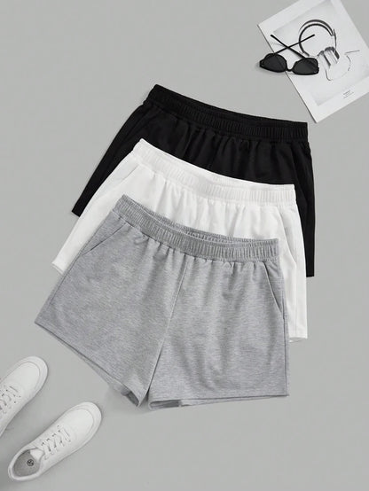 Plus Size Women's Elastic Waist Biker Shorts 3 Piece Running Workout Yoga Shorts Best for Summer Polyester Grey