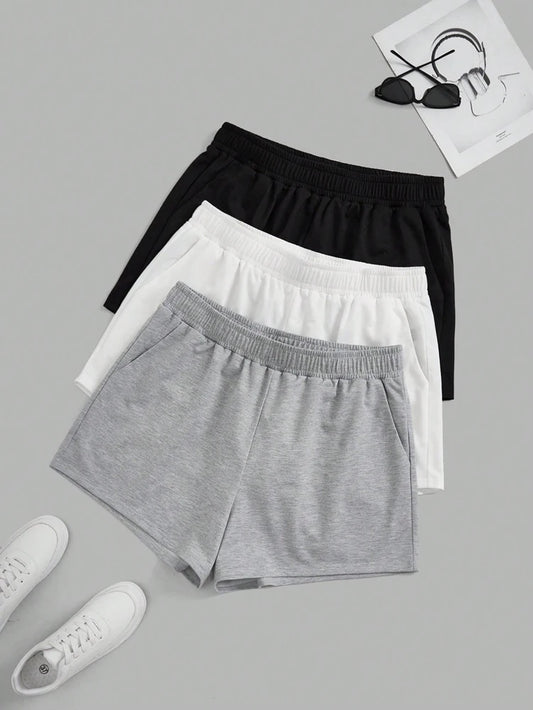 Plus Size Women's Elastic Waist Biker Shorts 3 Piece Running Workout Yoga Shorts Best for Summer Polyester Grey