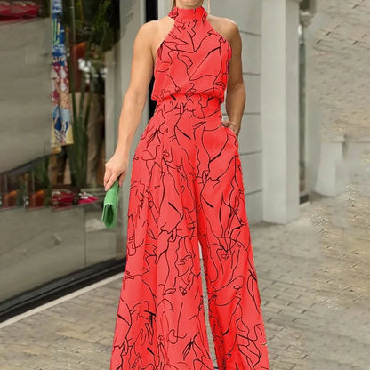Women's Elegant Jumpsuits Wide Leg Long Pant Summer Sexy Sleeveless Jumpsuit Women 2023 Casual Print Macaque Feminine Clothes