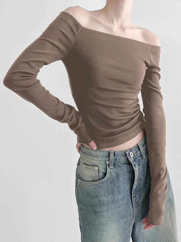 Black Solid Slash Neck Elegant Long Sleeve Tops Korean Fashion Slim Sexy Cropped T Shirt Women Fall Clothing Brown