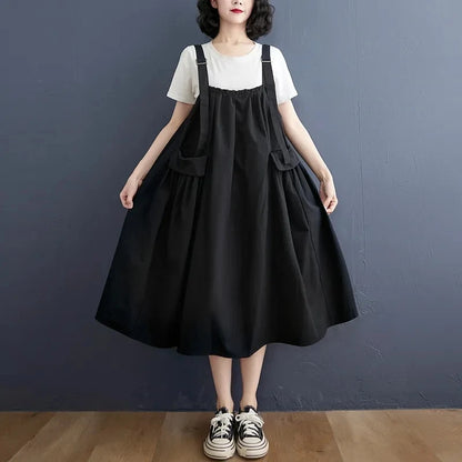 Female Dress Summer Mid-Length Loose Solid Color Pocket Swing Chic Casual Straps Dresses New Women Dress Vestidos Selling