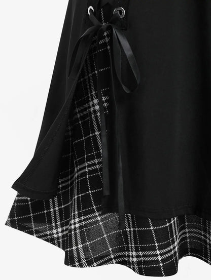 ROSEGAL Plus Size Women's Gothic Skirt Casual Plain Chain Detail High Waisted Stitching Plaid Pleated Layered Lace Up Skirts 5XL