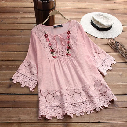 Summer Women Casual Solid Tops Shirt Cotton And Linen Stitching Lace Flower V-neck Loose Top Blouse New Elegant Holiday Shirts Pink