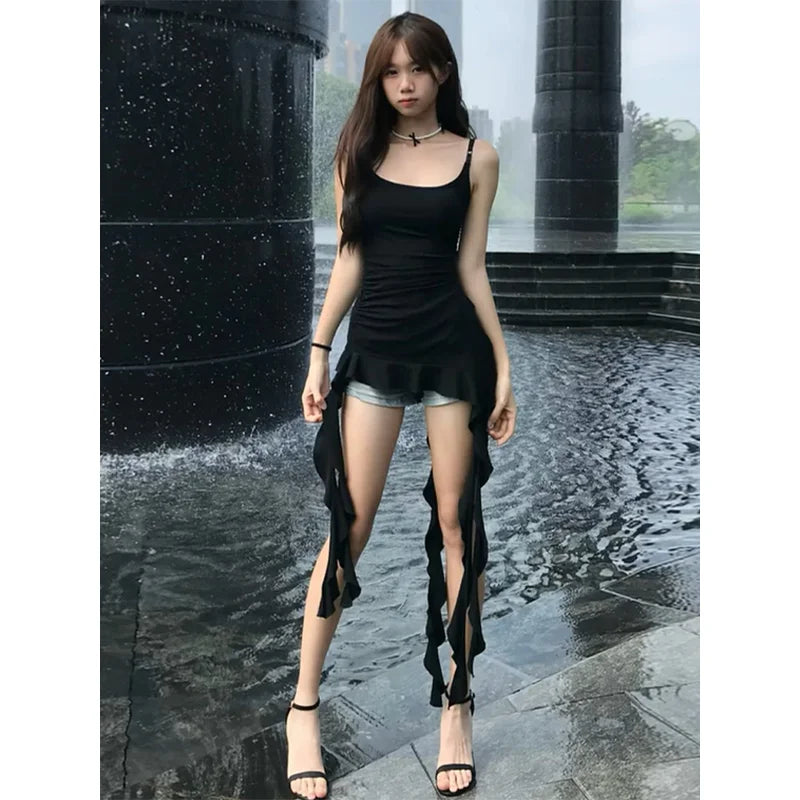 2025 Women Clothing Black Tunic Y2k Top Ruffles Sexy Camis Ropa Mujer Irrgeular Tassel Summer Vest Fashion Korean Crop Tanks black