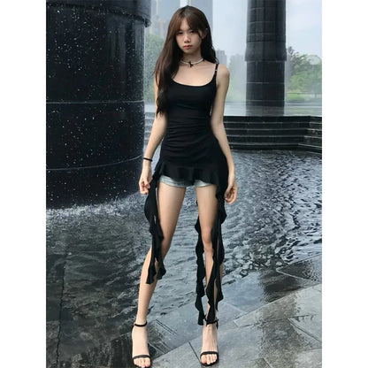 2025 Women Clothing Black Tunic Y2k Top Ruffles Sexy Camis Ropa Mujer Irrgeular Tassel Summer Vest Fashion Korean Crop Tanks black