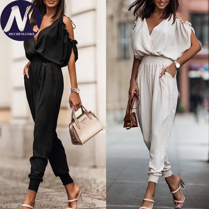 Jumpsuit Woman Summer New Elegant V Neck Pocket Elastic Waist Jumpsuits Fashionable Casual Loose Women's Clothing Jumpsuits
