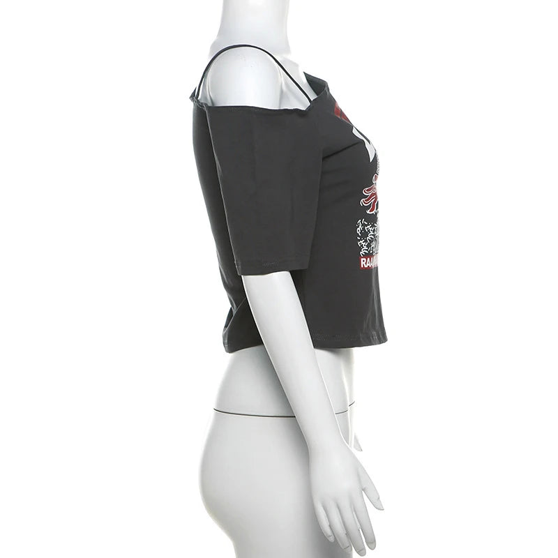 Gothic Tee Y2k Letter Print Off Shoulder Punk T-shirts Women Harajuku Summer Streetwear Grunge T Shirt Aesthetic Sexy Crop Tops