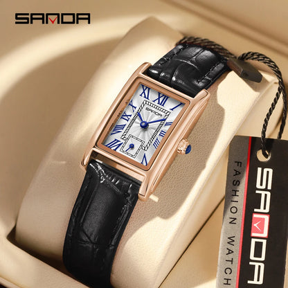 SANDA 1116 Quartz Watch Women Elegant Design Rectangle Dial Watches Waterproof Pointer Leather Business Ladies Wristwatches