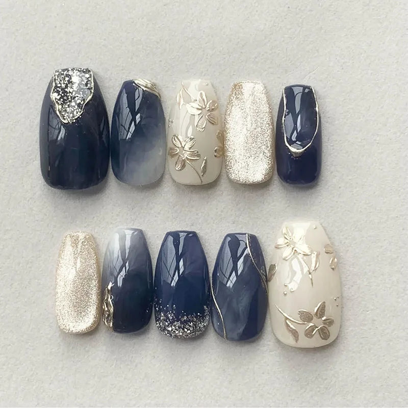 24pcs Romantic Y2k Star Press On Nails Gradient Blue French Style Gold Moon Designs Fake Nail Sweet Almond False Nails For Women Y16
