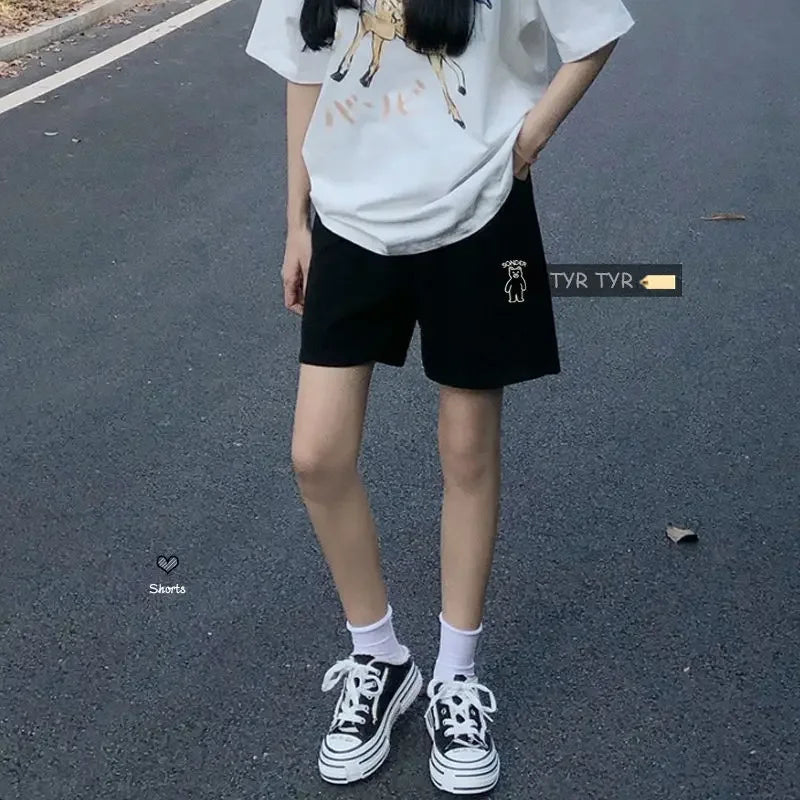 Loose Shorts Solid Pants For Women Streetwear Summer Clothes Cute Bear Printed Ropa De Mujer Elastic High Waist Casual Trousers