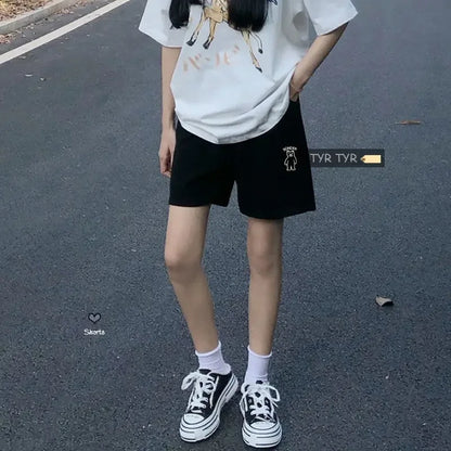 Loose Shorts Solid Pants For Women Streetwear Summer Clothes Cute Bear Printed Ropa De Mujer Elastic High Waist Casual Trousers