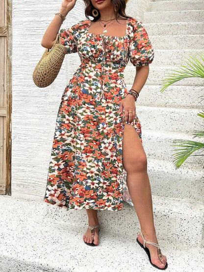 【Plus Size】 Ditsy Floral / All Over Print Split Thigh Dress, Casual Puff Sleeve Tie Front Dress, Women Plus Clothing for Summer