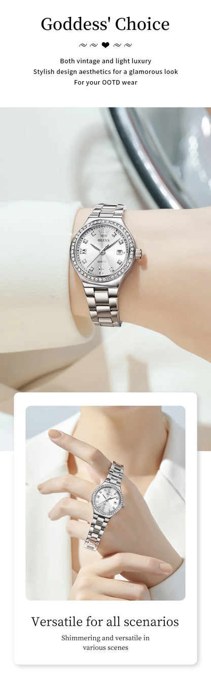 OLEVS 5628 Women Watch Luxury Elegant Quartz Watch Stainless Steel Waterproof Luminous Diamond Bezel Ladies Watch Bracelet Set