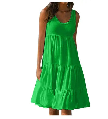 Women Causual O Neck Sleeveless Ruffles Mini Dress Boho Solid Beach Sundress Oversized Loose Dress 2023 Summer 8806-Green
