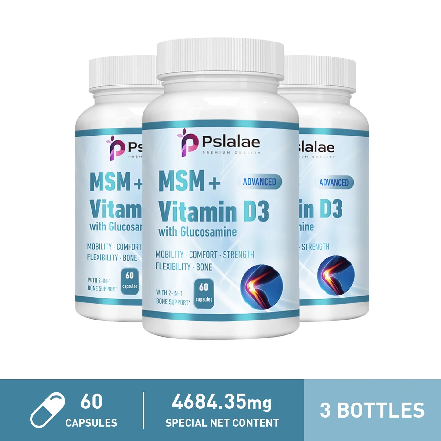 MSM + Vitamin D3 with Glucosamine - Joint Care, Supports Comfort and Flexibility, Strengthens Bones, Non-GMO 60 Capsule-3bottles