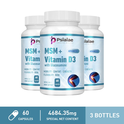 MSM + Vitamin D3 with Glucosamine - Joint Care, Supports Comfort and Flexibility, Strengthens Bones, Non-GMO 60 Capsule-3bottles