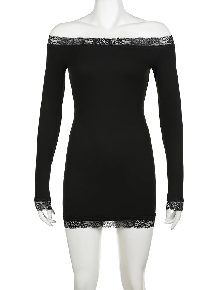 Rockmore Women's Lace Off Shoulder Bodycon Dress Elegant Long Sleeve Mini Dress for Party Club Dating Ladies Spring Fall Clothes