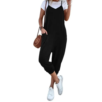 Plus Size 1XL-5XL New Casual Summer Women Loose Sleeveless Strap Wide Leg Jumpsuit with Pockets Comfortable Breathable Clothing