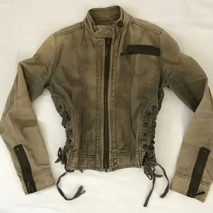 Streetwear Y2K Bomber Jacket Women Harajuku Stand Collar Zipper Jacket Gothic Army Green Motorcycle Jacket Slim Fit Denim Coat 3