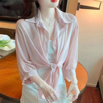 Xpqbb Summer Sun Protection Shirts Ladies Solid Color Tied Waist Half Sleeve Button Blouse Women Casual Loose Chiffon Shirt Pink