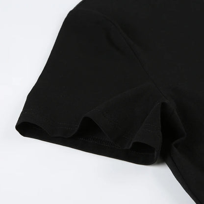 Cuteandpsycho Casual Sexy Crewneck Cropped Tops Slim Streetwear Summer Elastic Vintage Tees Short Sleeved Y2k Punk Clothings